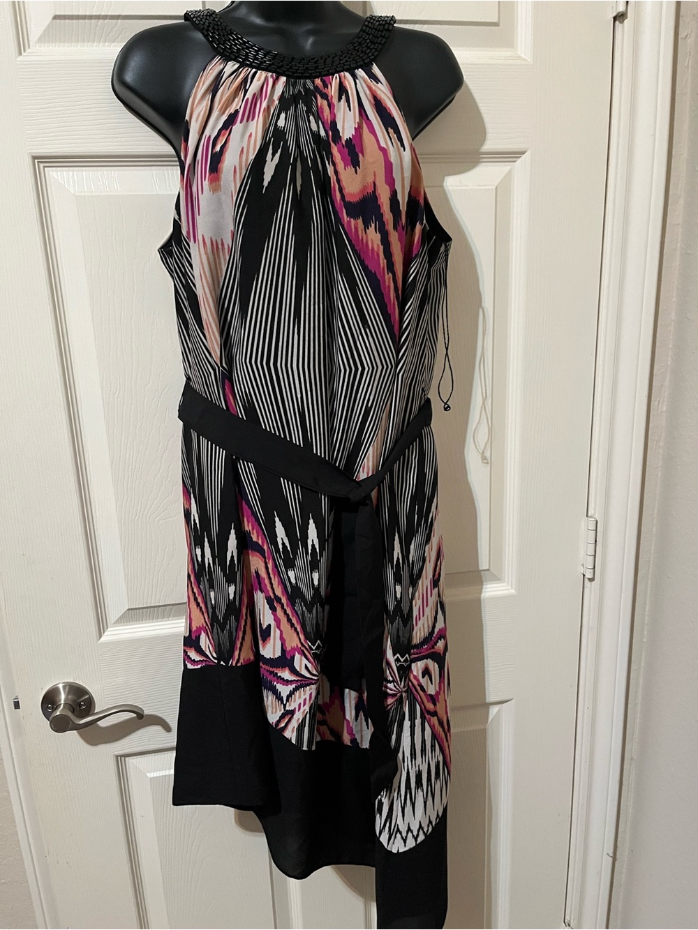 One-Shoulder Black & Pink Printed Halter Dress